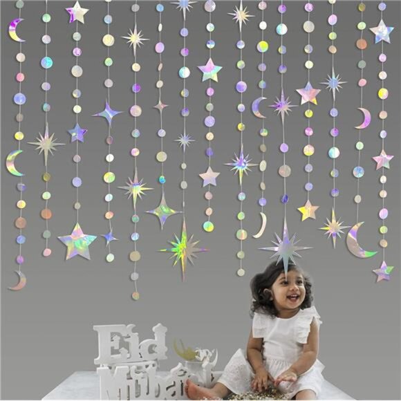 Iridescent Star Moon Garland Hanging Decorations Baby Shower Wedding Party - Picture 3 of 5